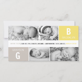 ベビーモノグラムボーイガールツインズ4フォトイエロー誕生 案内状