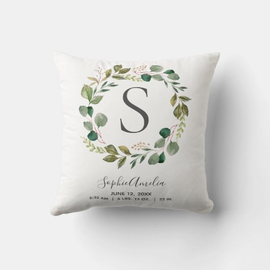 ベビーモノグラム誕生統計ユーカリプトゥスリーフリース クッション (裏面)