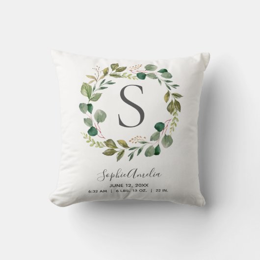 ベビーモノグラム誕生統計ユーカリプトゥスリーフリース クッション (正面)