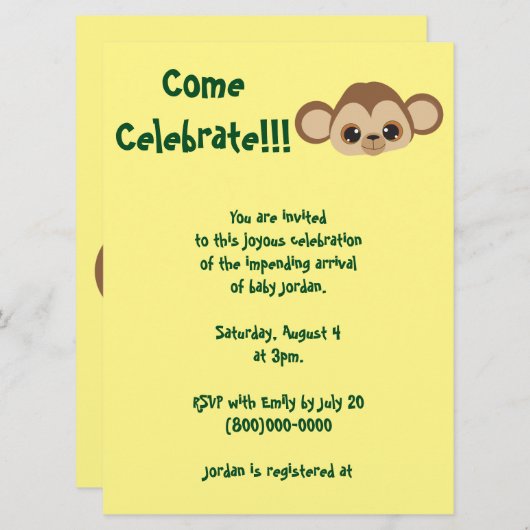 ベビーモンキーイエローベビーシャワー 招待状 (正面/裏面)