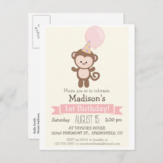 ベビーモンキーガールズ誕生日パーティーへの招待 インビテーションポストカード (正面/裏面)