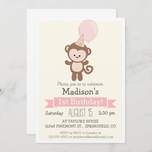 ベビーモンキーガールズ誕生日パーティーへの招待 招待状 (正面/裏面)