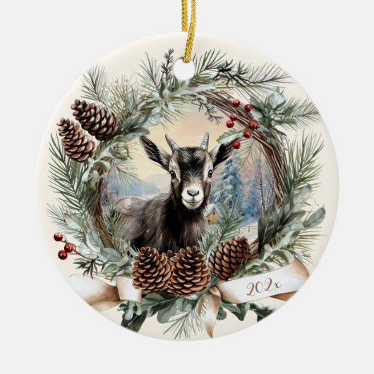 ベビーヤギ農畜動物クリスマスピネコンリース セラミックオーナメント (正面)