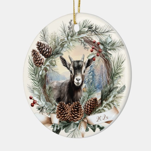 ベビーヤギ農畜動物クリスマスピネコンリース セラミックオーナメント (左)