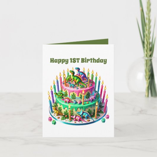 ベビーユニセックス初の誕生日恐竜ケーキ カード (正面)