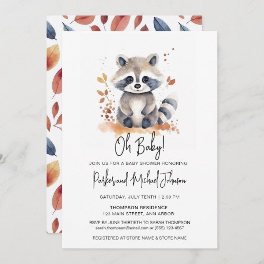 ベビーラクーンウッドランド動物の赤ちゃんシャワー 招待状 (正面/裏面)