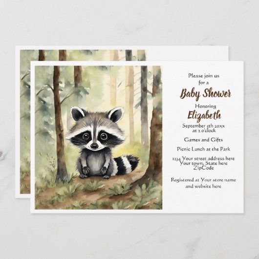 ベビーラクーン男女兼用赤ちゃんシャワー 招待状 (正面/裏面)