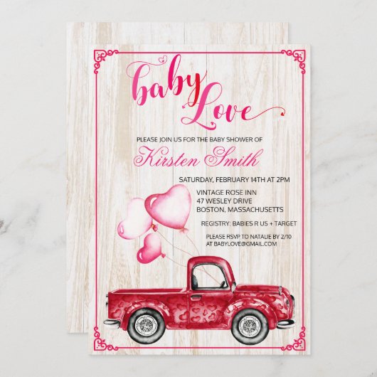 ベビーラブハートバルーン赤ちゃんシャワー招待状 招待状 (正面/裏面)