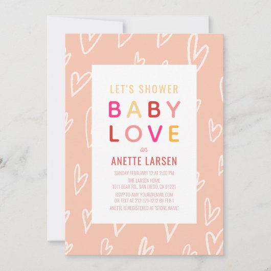 ベビーラブピンクハートバレンタインデーベイビーシャワー 招待状 (正面)