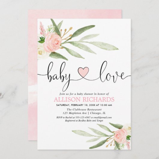 ベビーラブピンク金ゴールドハート緑の少女シャワー 招待状 (正面/裏面)