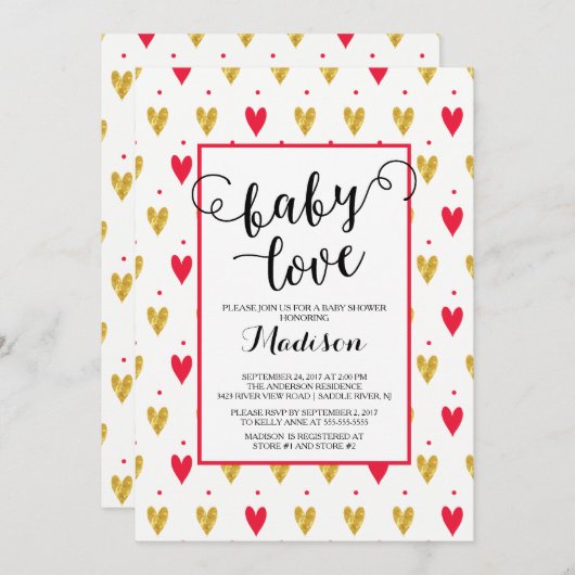 ベビーラブモダンハートベビーシャワー招待状 招待状 (正面/裏面)