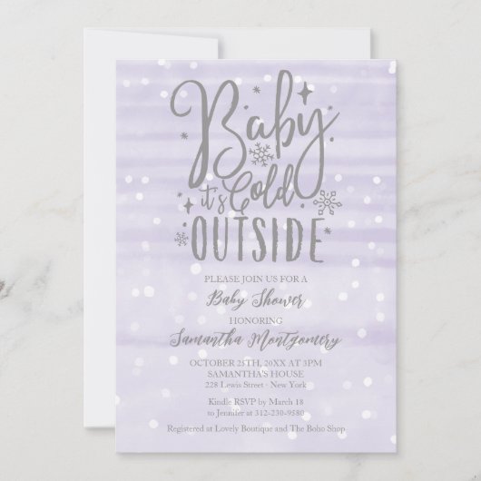 ベビーラベンダーベビーシャワー外は寒い 招待状 (正面)