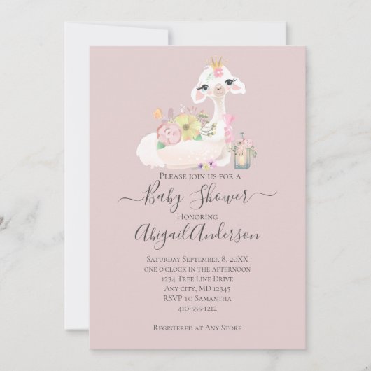 ベビーラマ白とピンクの花が愛らしい 招待状 (正面)