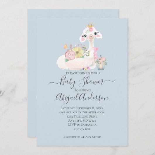 ベビーラマ花白と青の男の赤ちゃん 招待状 (正面/裏面)