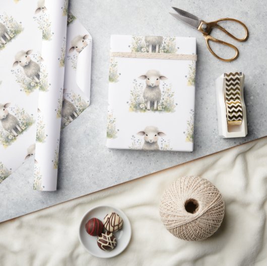 ベビーラムヒツジの水の色ベビーシャワー ラッピングペーパー (クラフト)