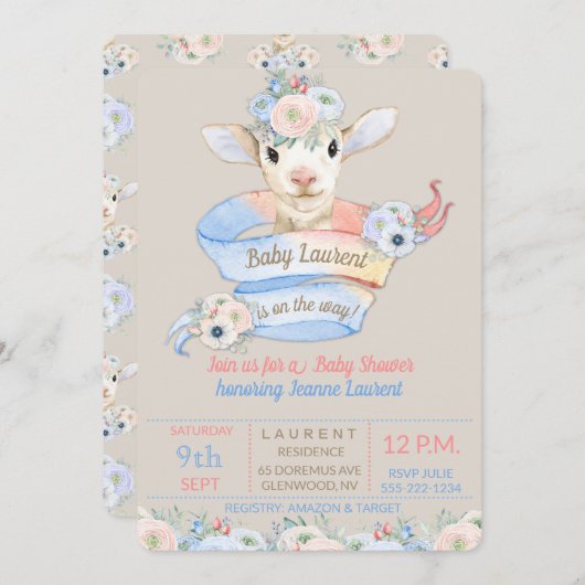 ベビーラムピンクブルー男女兼用リビール 招待状 (正面/裏面)