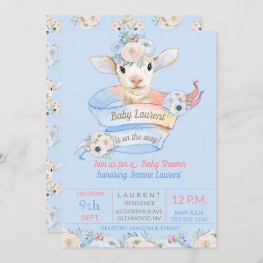 ベビーラムピンクブルー男女兼用リビール 招待状 (正面/裏面)