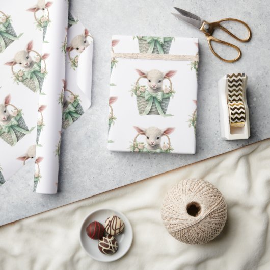 ベビーラムinバスケット水色ベビーシャワー ラッピングペーパー (クラフト)