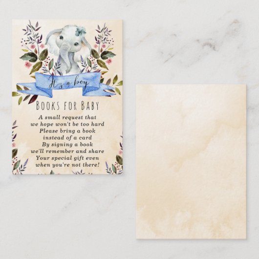 ベビーリクエストカード用のエレファントブルーの本ベビー エンクロージャーカード (正面/裏面)