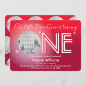 ベビーレッドディスコをテーマにした第1誕生日 招待状 (正面/裏面)