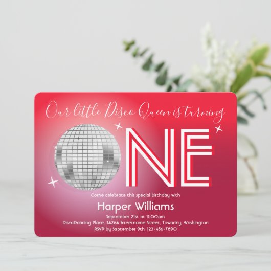 ベビーレッドディスコをテーマにした第1誕生日 招待状 (スタンド正面)
