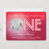 ベビーレッドディスコをテーマにした第1誕生日 招待状 (正面)