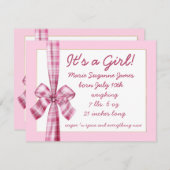 ベビーレトロピンク弓の女の子の写真の発表 案内状 (正面/裏面)