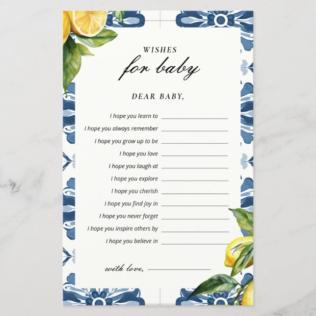 ベビーレモンポジターノ赤ちゃんシャワーゲームのウィッシュ (正面)