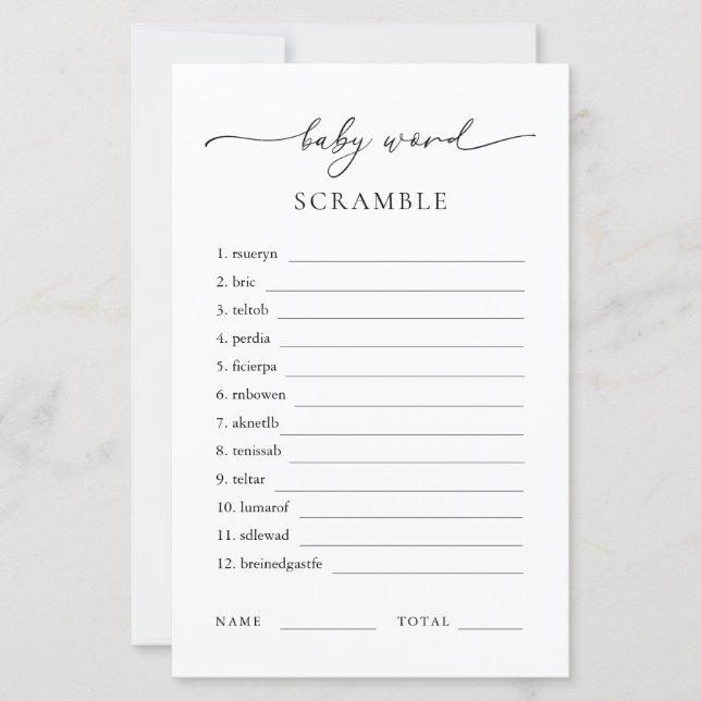ベビーワードスクランブルミニマリスト赤ちゃんシャワーゲーム (正面)