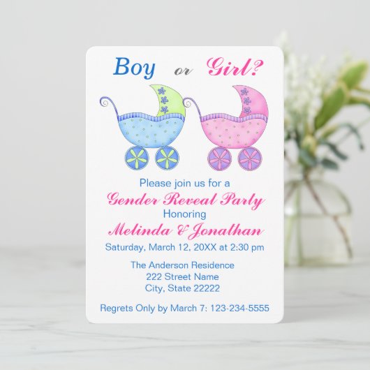 ベビー乳母車のキャリッジ性別の表示パーティの招待状 招待状 (スタンド正面)