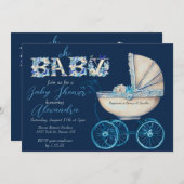 ベビー乳母車ボーイベビーシャワー 招待状 (正面/裏面)