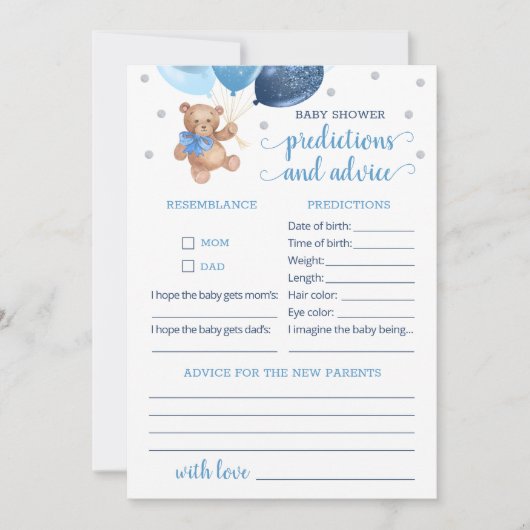 ベビー予測とアドバイスベビーシャワーテディベア 招待状 (正面)