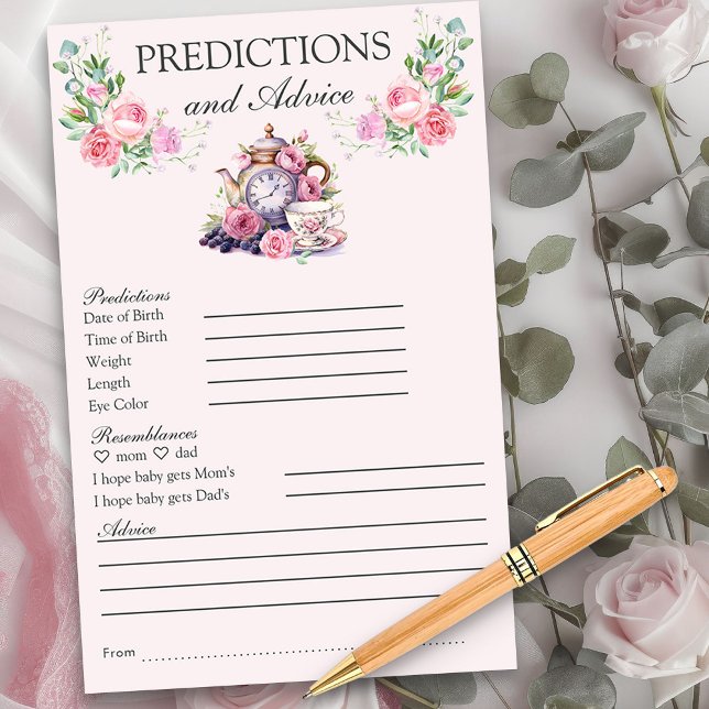 ベビー予測とアドバイスヴィンテージ茶ポットフローラ (Predictions and Advice activity sheets from my Vintage Tea Party Baby Shower Collection)