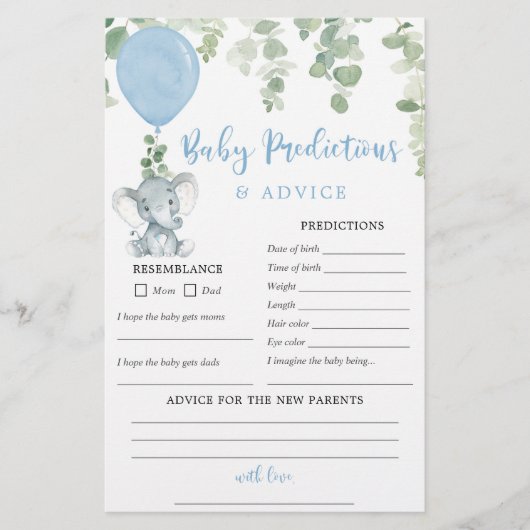 ベビー予測アドバイスカードエレファントブルーバルーン (正面)