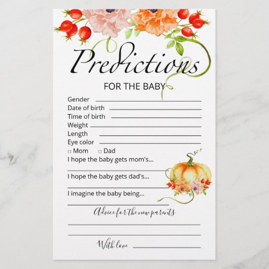 ベビー予測アドバイスカードカボチャ赤ちゃんシャワー (正面)