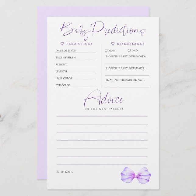 ベビー予測アドバイス紫ベビーシャワーゲーム (正面/裏面)