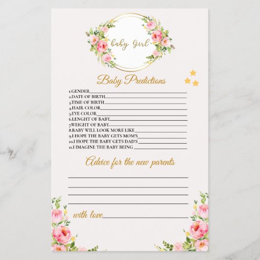ベビー予測及びアドバイスカード、ベビーシャワーゲーム チラシ (正面)