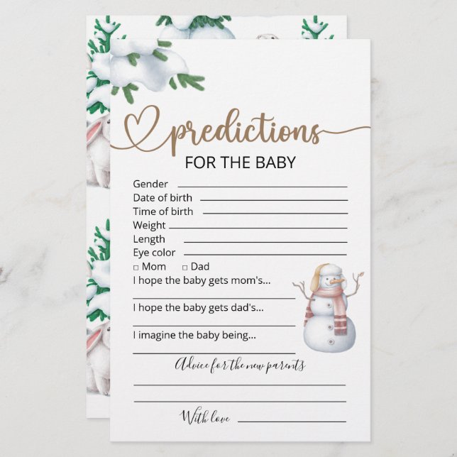 ベビー予測 |冬の赤ちゃんシャワーゲーム (正面/裏面)