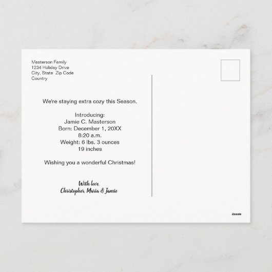 ベビー休日の誕生発表スノーウィークリスマス シーズンポストカード (裏面)