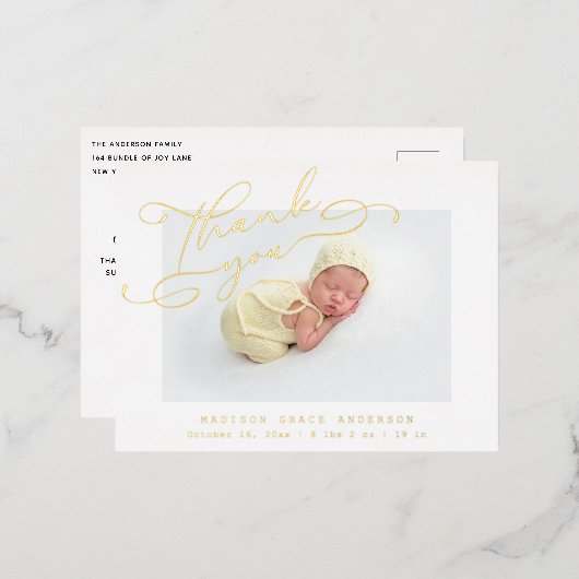 ベビー写真ありがとうおエレガントしスモダンクリプト誕生 箔招待状ポストカード (正面/裏面)