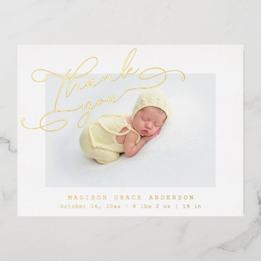 ベビー写真ありがとうおエレガントしスモダンクリプト誕生 箔招待状ポストカード (正面)