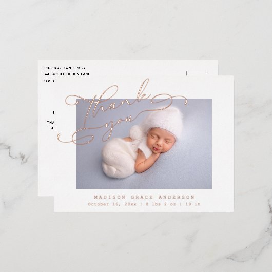 ベビー写真ありがとうおエレガントしスモダンクリプト誕生 箔招待状ポストカード (正面/裏面)