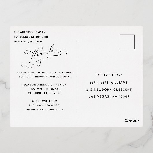 ベビー写真ありがとうおエレガントしスモダンクリプト誕生 箔招待状ポストカード (裏面)