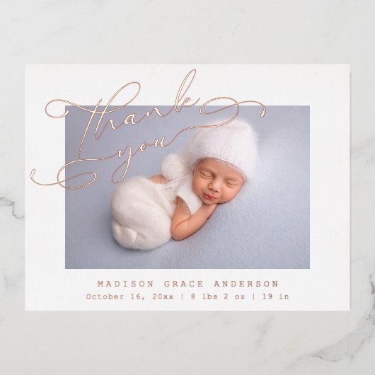 ベビー写真ありがとうおエレガントしスモダンクリプト誕生 箔招待状ポストカード (正面)