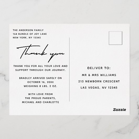 ベビー写真ありがとうモダンスクリプト誕生箔 箔招待状ポストカード (裏面)