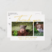 ベビー写真ありがとうモダンスクリプト誕生箔 箔招待状ポストカード (正面/裏面)