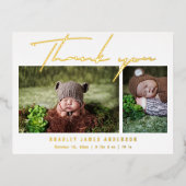 ベビー写真ありがとうモダンスクリプト誕生箔 箔招待状ポストカード (正面)