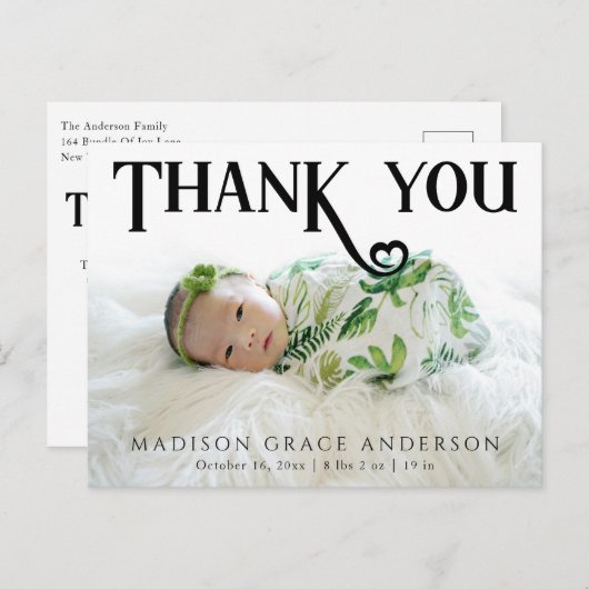 ベビー写真ありがとうモダンハート誕生 案内ポストカード (正面/裏面)