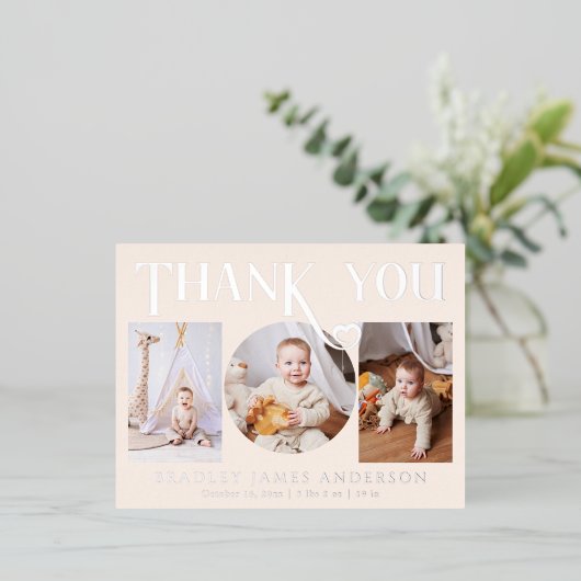 ベビー写真ありがとうモダンハート誕生 箔招待状ポストカード (立ち正面)