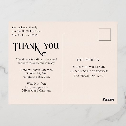 ベビー写真ありがとうモダンハート誕生 箔招待状ポストカード (裏面)